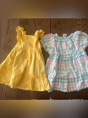 Bundle of Wonder Nation Dresses - Yellow Eyelet Ruffle & Pastel Plaid Plaid